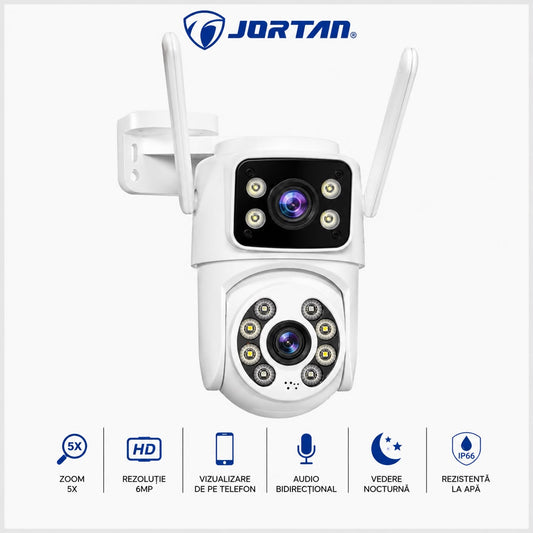 Cameră de Supraveghere Wi-Fi Dublă PTZ 6MP JORTAN, Zoom Optic 5X, Vedere Nocturnă Color, Audio Bidirecțional, Detectare Mișcare, IP66