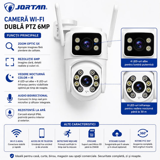 Cameră de Supraveghere Wi-Fi Dublă PTZ 6MP JORTAN, Zoom Optic 5X, Vedere Nocturnă Color, Audio Bidirecțional, Detectare Mișcare, IP66