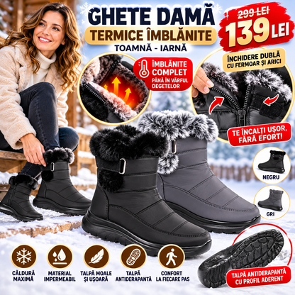Ghete Damă Termice Îmblănite Toamnă-Iarnă – Închidere Dublă cu Fermoar și Arici, Impermeabile, Talpă Antiderapantă