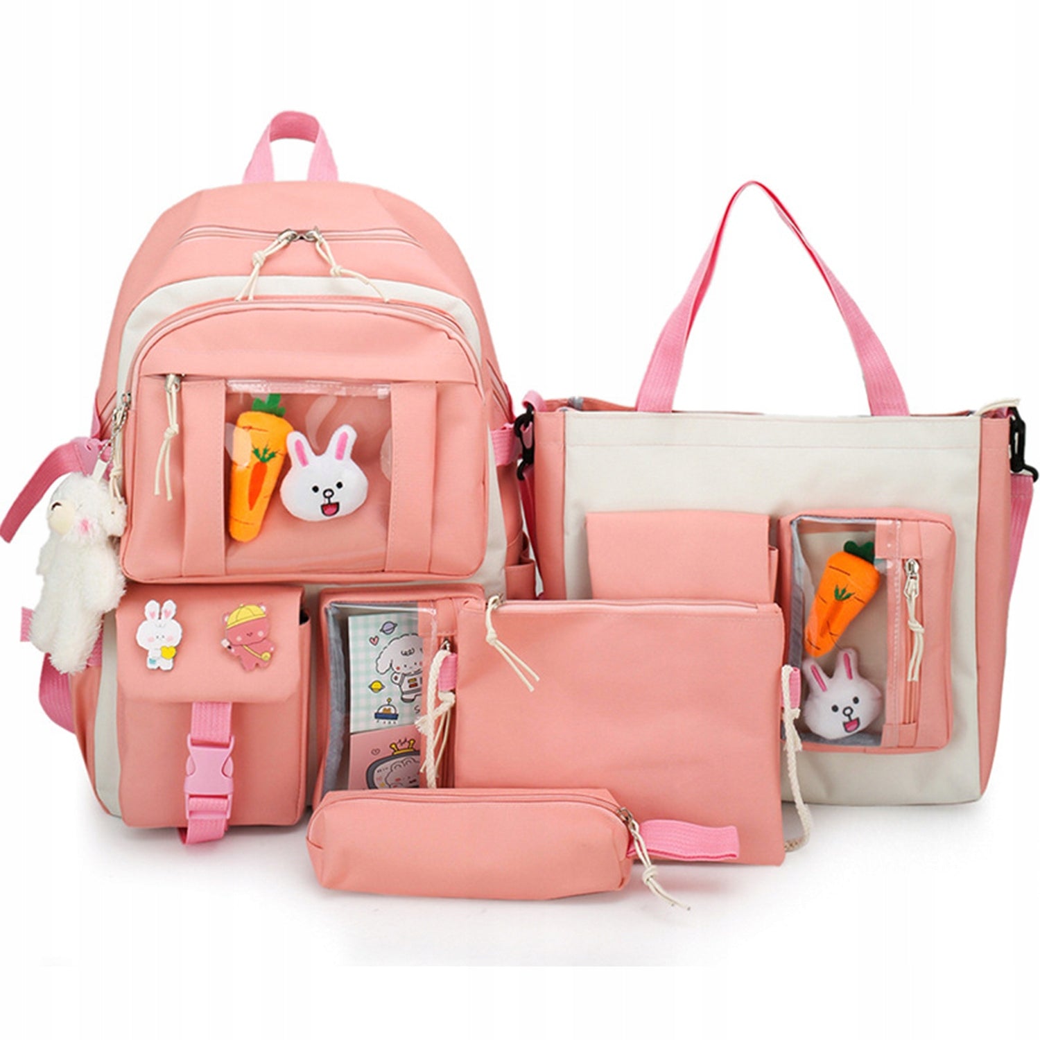 Set 4-in-1 pentru Scolari sau Prescolari - (rucsac, geanta de umar, plic elegant, penar), culoare ROZ cu IEPURAS, Cod AVX-WT-BUNN-PINK-0