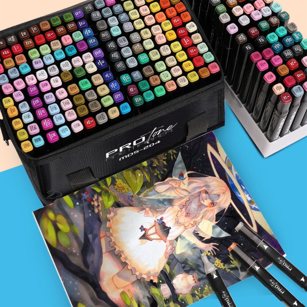 Set 120 Markere Profesionale pentru pasionatii de desen, cu cap dublu gros - subtire, cu geanta de depozitare, model AVX-WT-MDS-120-2