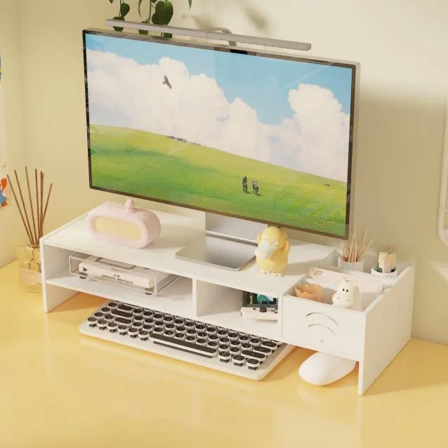 Suport Monitor/Laptop cu Sertar și 2 Niveluri, Organizator pentru Birou, MDF