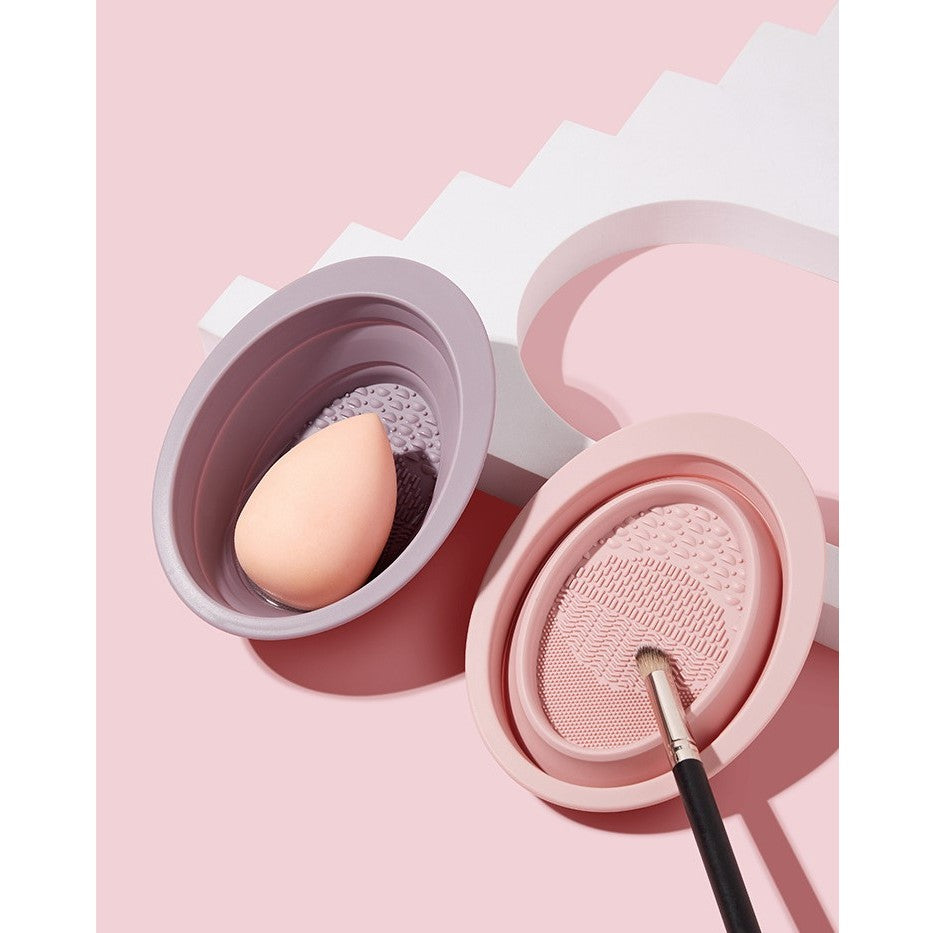 Accesoriu din silicon pentru curatarea accesoriilor makeup, pensule, buretei, 14.5 x 11,5 cm, 2 moduri de utilizare, pliabil, roz-4