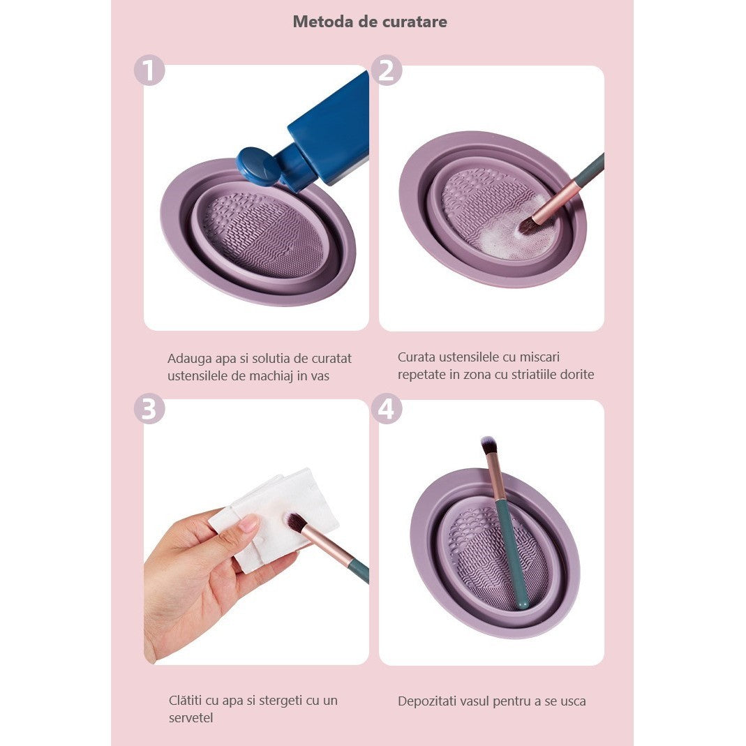 Accesoriu din silicon pentru curatarea accesoriilor makeup, pensule, buretei, 14.5 x 11,5 cm, 2 moduri de utilizare, pliabil, roz-7