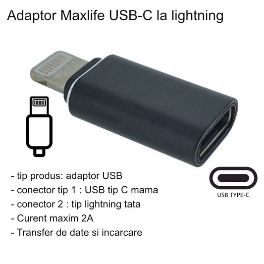 Adaptor Type C (mama) to Lightning (tata) cu Agatatoare Breloc inclusa, Negru-0