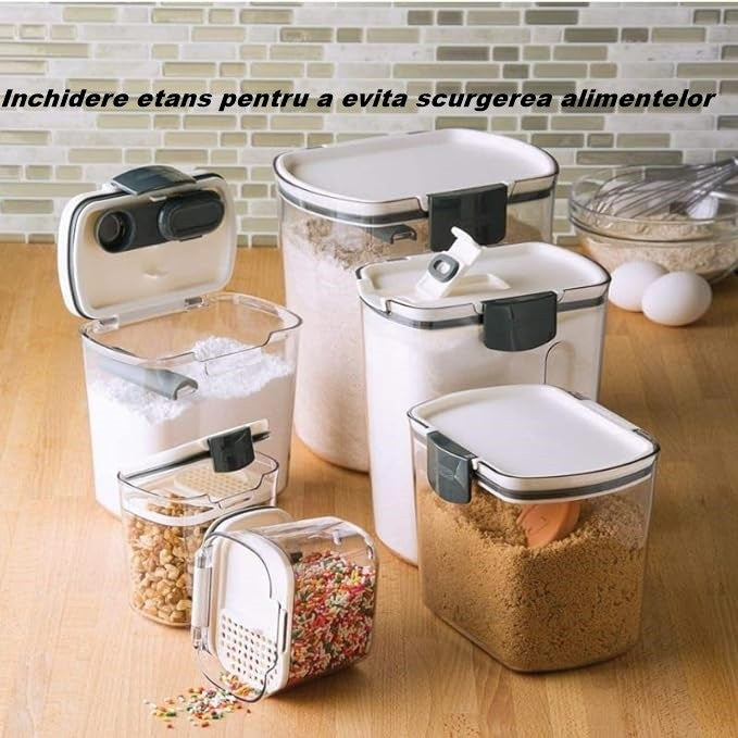 Set 4 Recipiente Depozitare Alimente,  Flippy, pentru Organizare Bucatarie, cu Inchidere Ermetica, Transparent, Plastic fara BPA, Compatibile cu Masina de Spalat Vase, Diferite Dimensiuni, 350 ml, 1300 ml, 2700 ml, 4600 ml-1