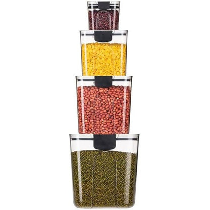 Set 4 Recipiente Depozitare Alimente,  Flippy, pentru Organizare Bucatarie, cu Inchidere Ermetica, Transparent, Plastic fara BPA, Compatibile cu Masina de Spalat Vase, Diferite Dimensiuni, 350 ml, 1300 ml, 2700 ml, 4600 ml-7