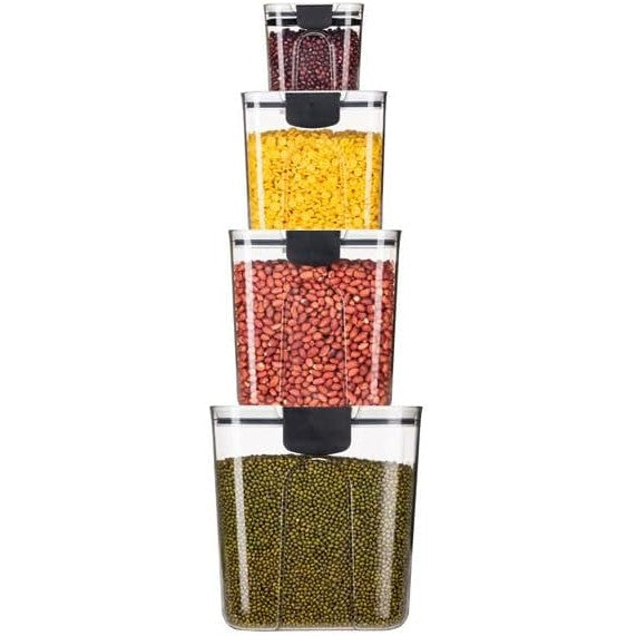 Set 4 Recipiente Depozitare Alimente,  Flippy, pentru Organizare Bucatarie, cu Inchidere Ermetica, Transparent, Plastic fara BPA, Compatibile cu Masina de Spalat Vase, Diferite Dimensiuni, 350 ml, 1300 ml, 2700 ml, 4600 ml-7