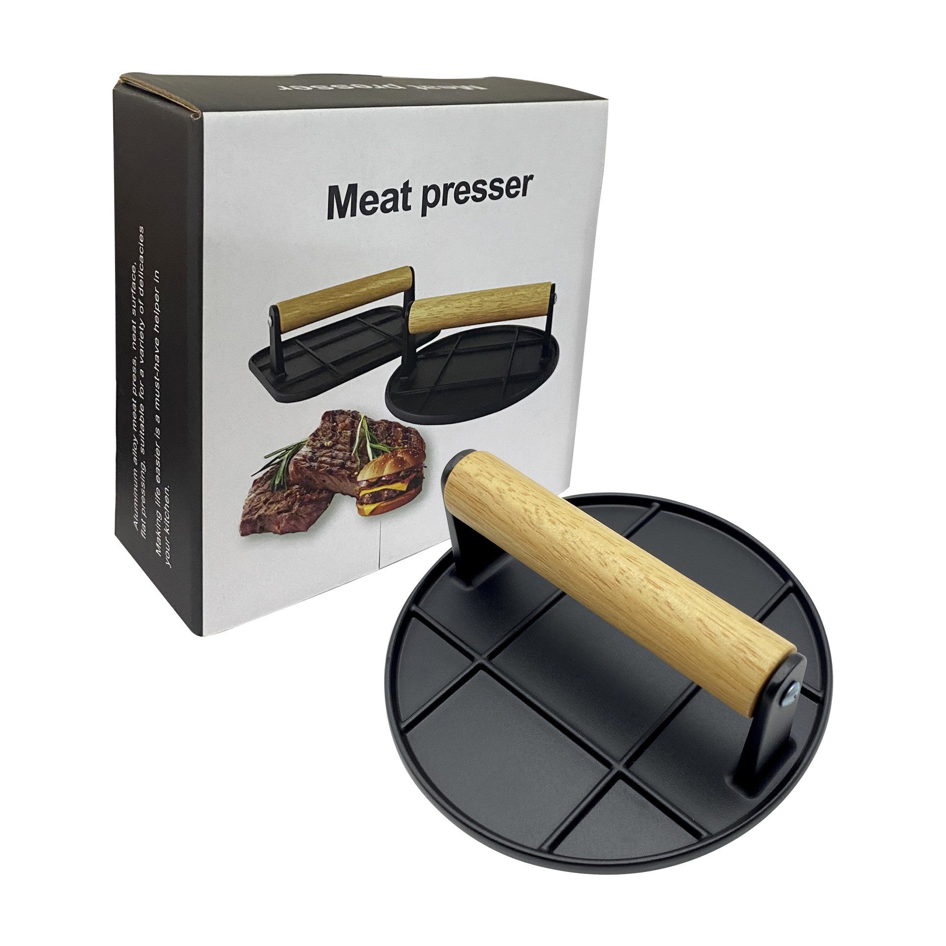 Presa Manuala pentru Carne, Flippy, din Aliaj de Aluminiu, Maner din Lemn, Presa pentru Burgeri, Usor de Curatat si Folosit, Rotunda, 16x16x6 cm, Neagra-2