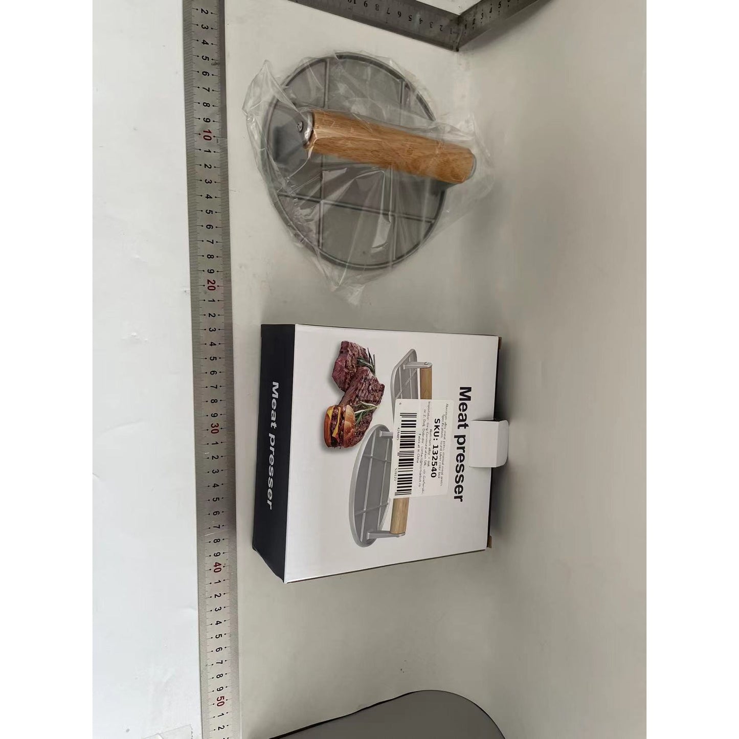 Presa Manuala pentru Carne, Flippy, din Aliaj de Aluminiu, Maner din Lemn, Presa pentru Burgeri, Usor de Curatat si Folosit, Rotunda, 16x16x6 cm, Gri-1
