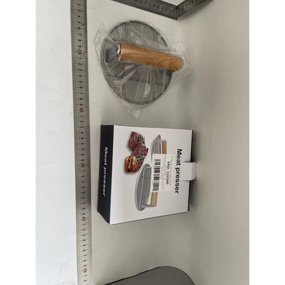 Presa Manuala pentru Carne, Flippy, din Aliaj de Aluminiu, Maner din Lemn, Presa pentru Burgeri, Usor de Curatat si Folosit, Rotunda, 16x16x6 cm, Gri-1