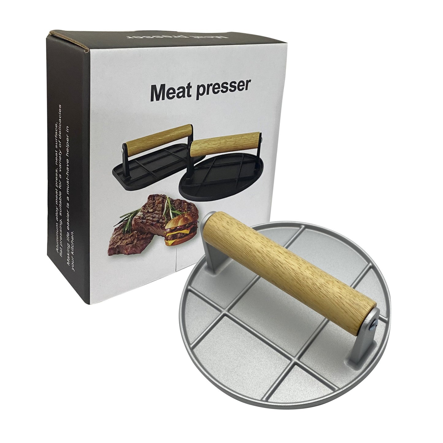 Presa Manuala pentru Carne, Flippy, din Aliaj de Aluminiu, Maner din Lemn, Presa pentru Burgeri, Usor de Curatat si Folosit, Rotunda, 16x16x6 cm, Gri-2