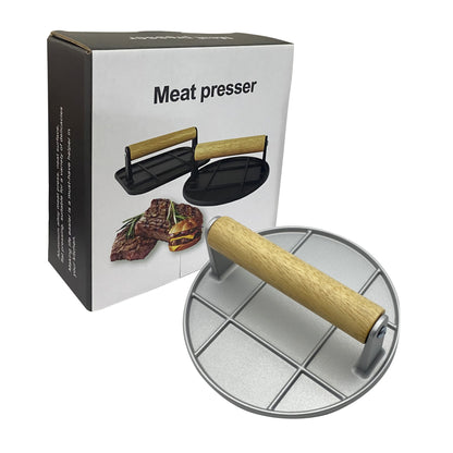 Presa Manuala pentru Carne, Flippy, din Aliaj de Aluminiu, Maner din Lemn, Presa pentru Burgeri, Usor de Curatat si Folosit, Rotunda, 16x16x6 cm, Gri-2