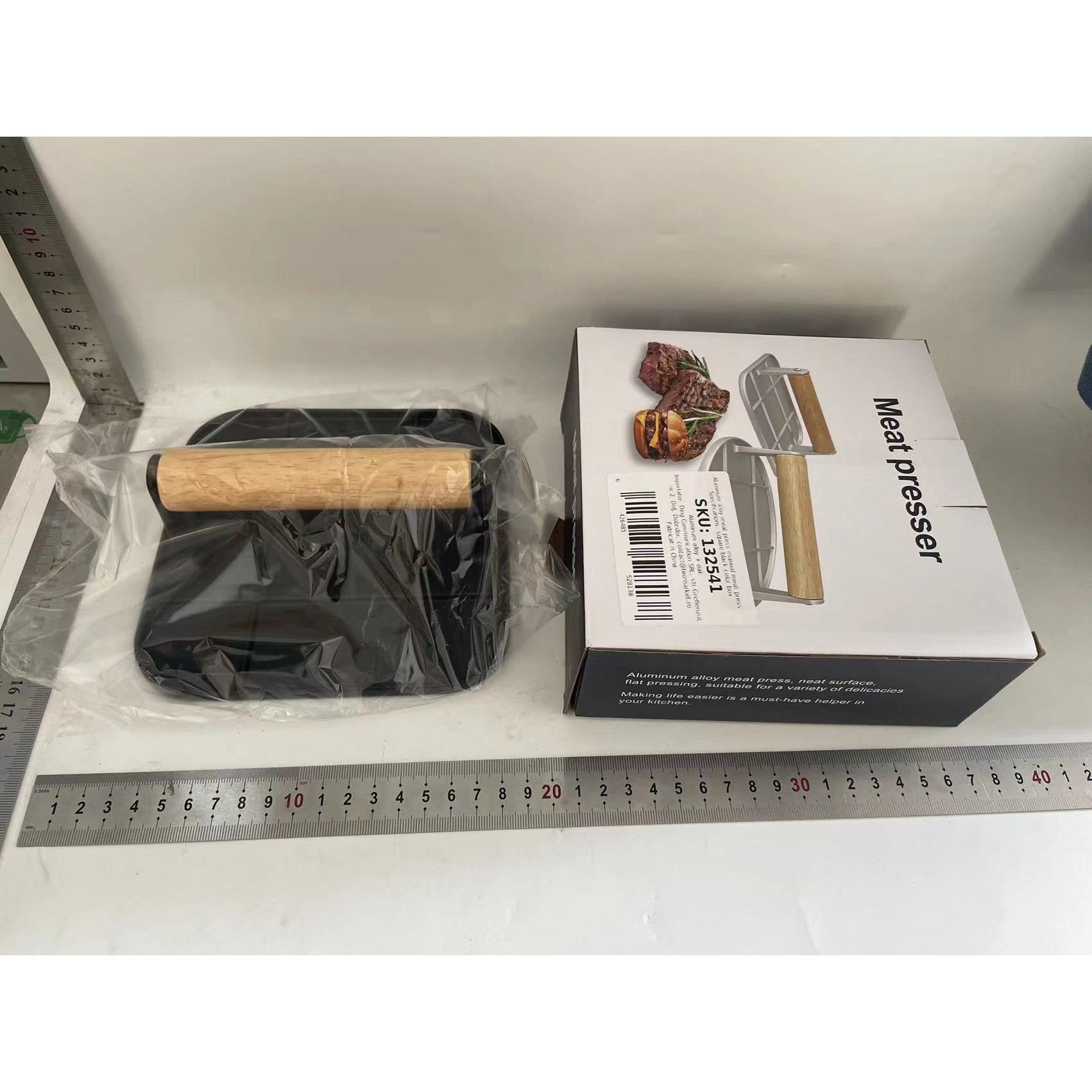 Presa Manuala pentru Carne, Flippy, din Aliaj de Aluminiu, Maner din Lemn, Presa pentru Burgeri, Usor de Curatat si Folosit, Patrata, 16x16x6 cm, Neagra-1