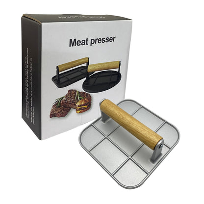 Presa Manuala pentru Carne, Flippy, din Aliaj de Aluminiu, Maner din Lemn, Presa pentru Burgeri, Usor de Curatat si Folosit, Patrata, 16x16x6 cm, Gri-2