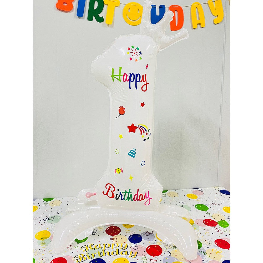 Balon din Folie Metalizata, Flippy, Figurina Cifra, Model 1 cu Happy Birthday Scris, Tema Aniversare 81 cm, Ambalaj Individual, Pai Inclus, Umflare cu Aer sau Heliu, Alb-0