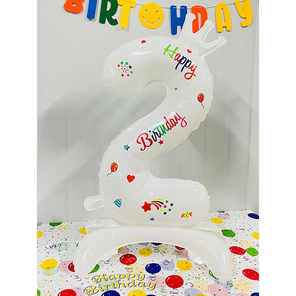 Balon din Folie Metalizata, Flippy, Figurina Cifra, Model 2 cu Happy Birthday Scris, Tema Aniversare 81 cm, Ambalaj Individual, Pai Inclus, Umflare cu Aer sau Heliu, Alb-0