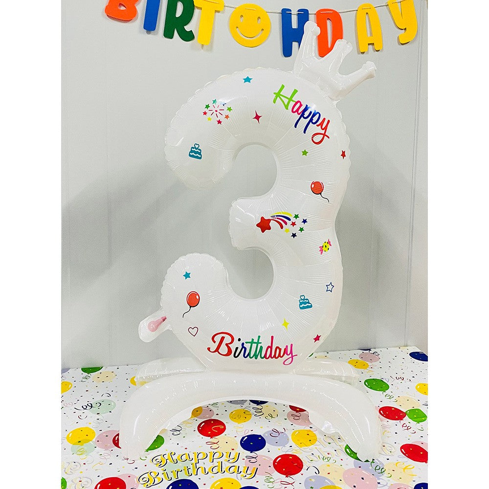 Balon din Folie Metalizata, Flippy, Figurina Cifra, Model 3 cu Happy Birthday Scris, Tema Aniversare 81 cm, Ambalaj Individual, Pai Inclus, Umflare cu Aer sau Heliu, Alb-0