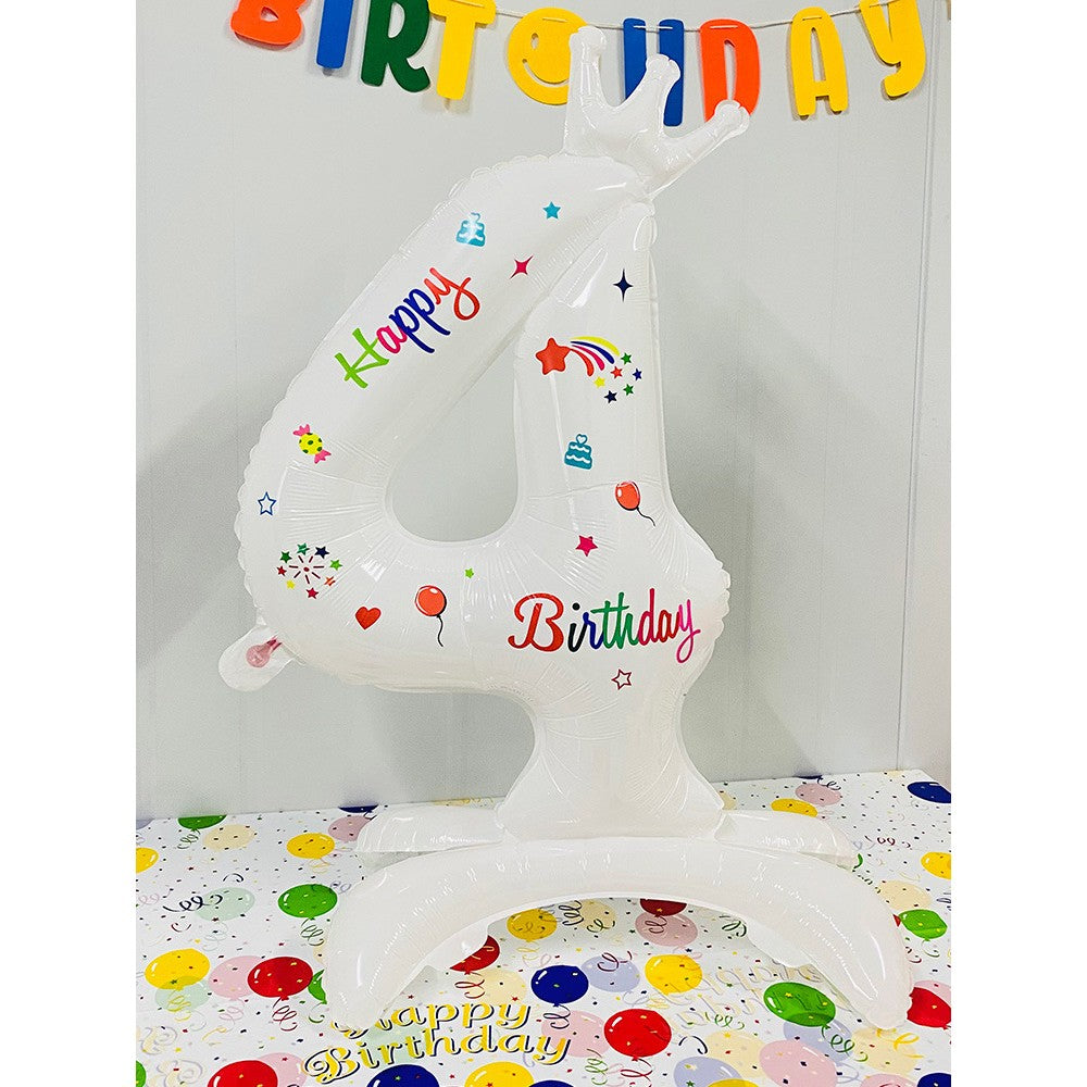 Balon din Folie Metalizata, Flippy, Figurina Cifra, Model 4 cu Happy Birthday Scris, Tema Aniversare 81 cm, Ambalaj Individual, Pai Inclus, Umflare cu Aer sau Heliu, Alb-0