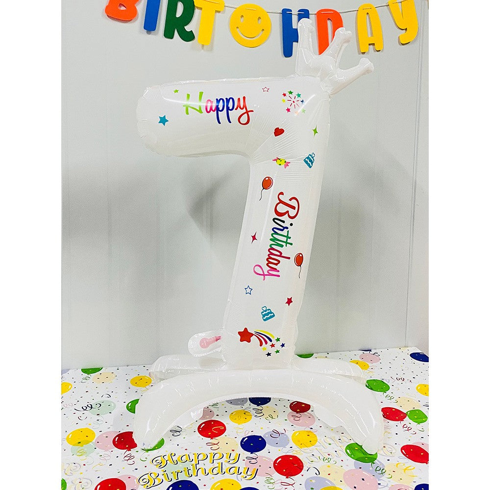 Balon din Folie Metalizata, Flippy, Figurina Cifra, Model 7 cu Happy Birthday Scris, Tema Aniversare 81 cm, Ambalaj Individual, Pai Inclus, Umflare cu Aer sau Heliu, Alb-0