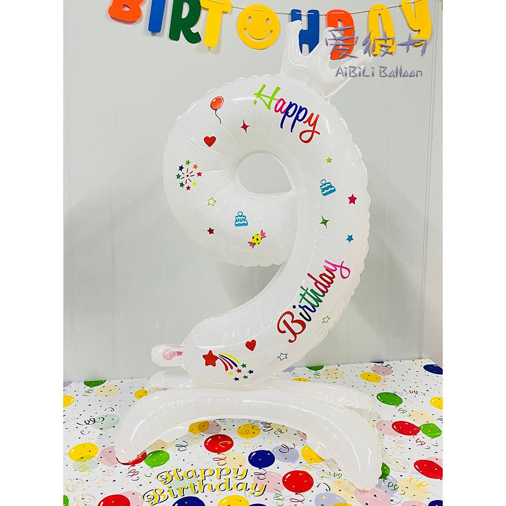 Balon din Folie Metalizata, Flippy, Figurina Cifra, Model 9 cu Happy Birthday Scris, Tema Aniversare 81 cm, Ambalaj Individual, Pai Inclus, Umflare cu Aer sau Heliu, Alb-0