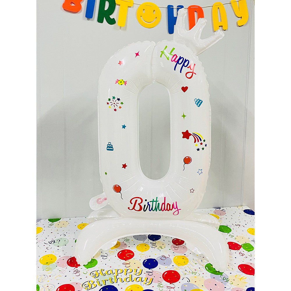 Balon din Folie Metalizata, Flippy, Figurina Cifra, Model 0 cu Happy Birthday Scris, Tema Aniversare 81 cm, Ambalaj Individual, Pai Inclus, Umflare cu Aer sau Heliu, Alb-0