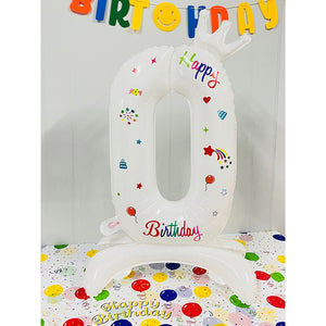 Balon din Folie Metalizata, Flippy, Figurina Cifra, Model 0 cu Happy Birthday Scris, Tema Aniversare 81 cm, Ambalaj Individual, Pai Inclus, Umflare cu Aer sau Heliu, Alb-0