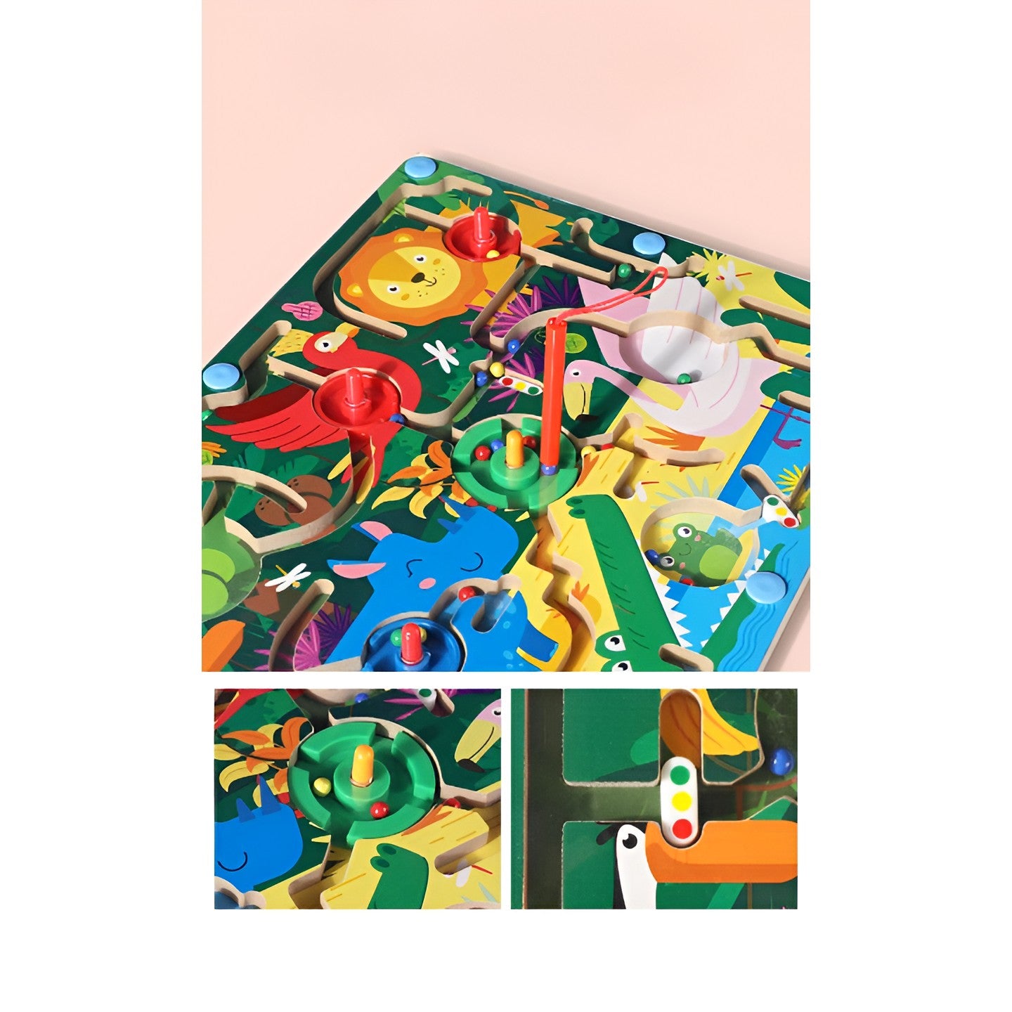 Joc Montessori de Sortare Culori, Flippy, Creion Magnetic, Tip Labirint Ilustrat, din Lemn, Model Animale Salbatice, 39x29x1.5 cm-2