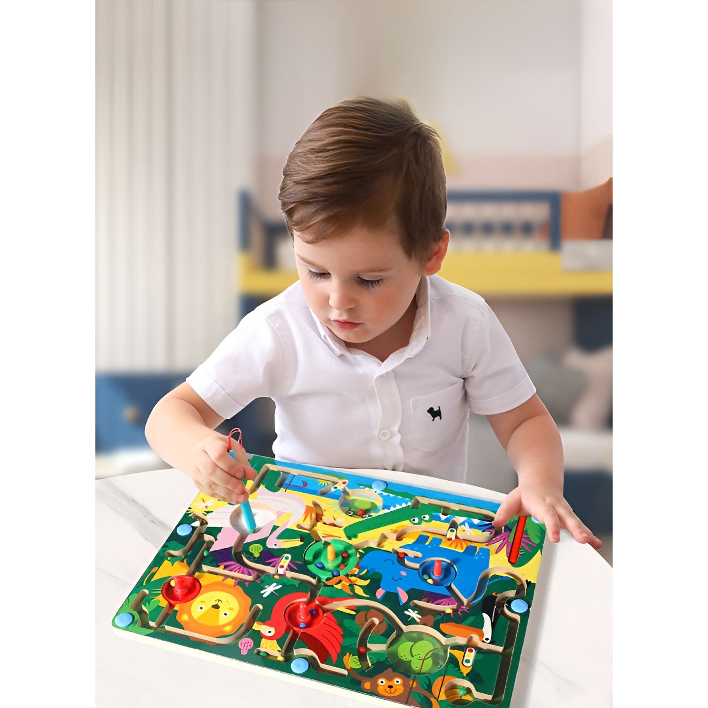 Joc Montessori de Sortare Culori, Flippy, Creion Magnetic, Tip Labirint Ilustrat, din Lemn, Model Animale Salbatice, 39x29x1.5 cm-4