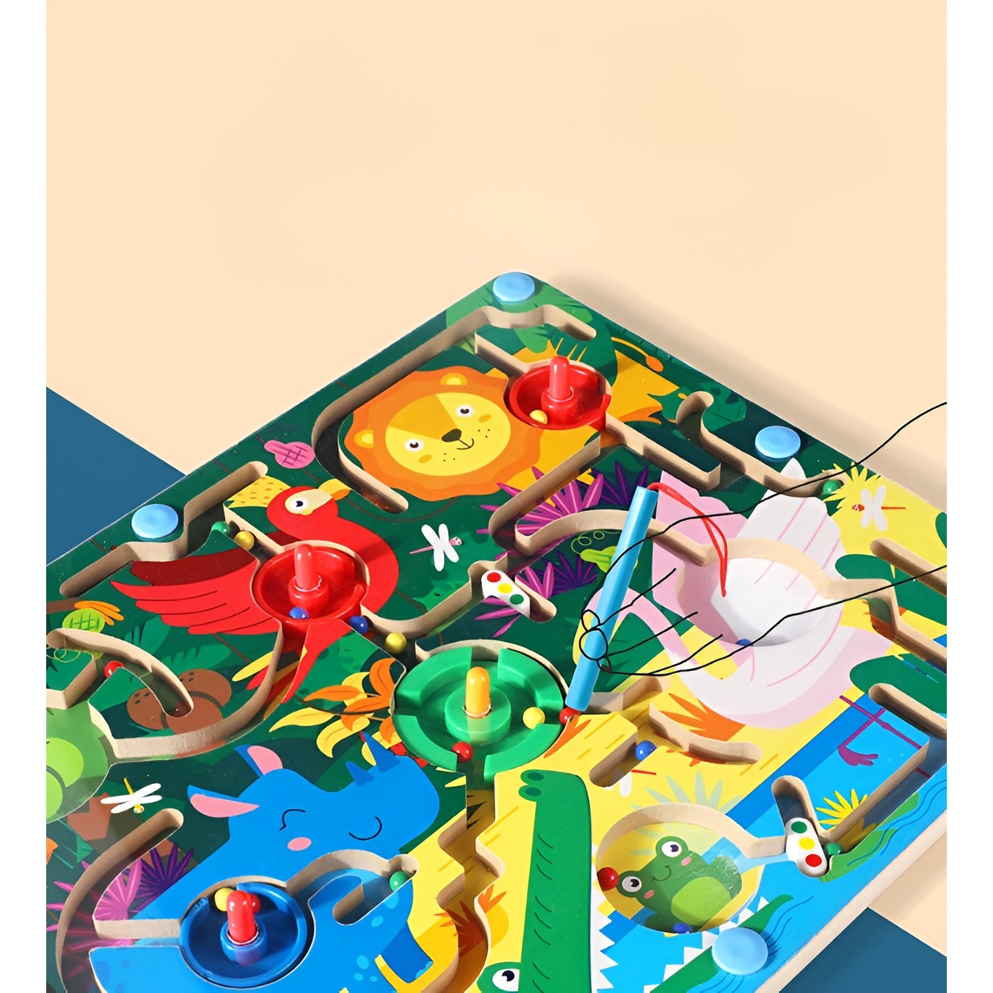 Joc Montessori de Sortare Culori, Flippy, Creion Magnetic, Tip Labirint Ilustrat, din Lemn, Model Animale Salbatice, 39x29x1.5 cm-5