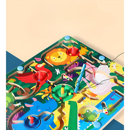 Joc Montessori de Sortare Culori, Flippy, Creion Magnetic, Tip Labirint Ilustrat, din Lemn, Model Animale Salbatice, 39x29x1.5 cm-5