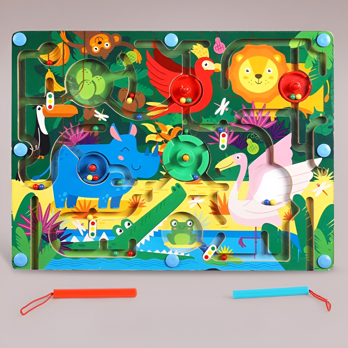 Joc Montessori de Sortare Culori, Flippy, Creion Magnetic, Tip Labirint Ilustrat, din Lemn, Model Animale Salbatice, 39x29x1.5 cm-7