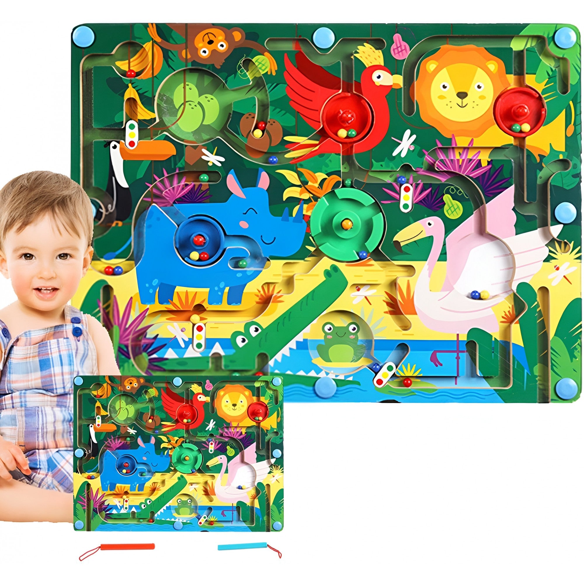 Joc Montessori de Sortare Culori, Flippy, Creion Magnetic, Tip Labirint Ilustrat, din Lemn, Model Animale Salbatice, 39x29x1.5 cm-9