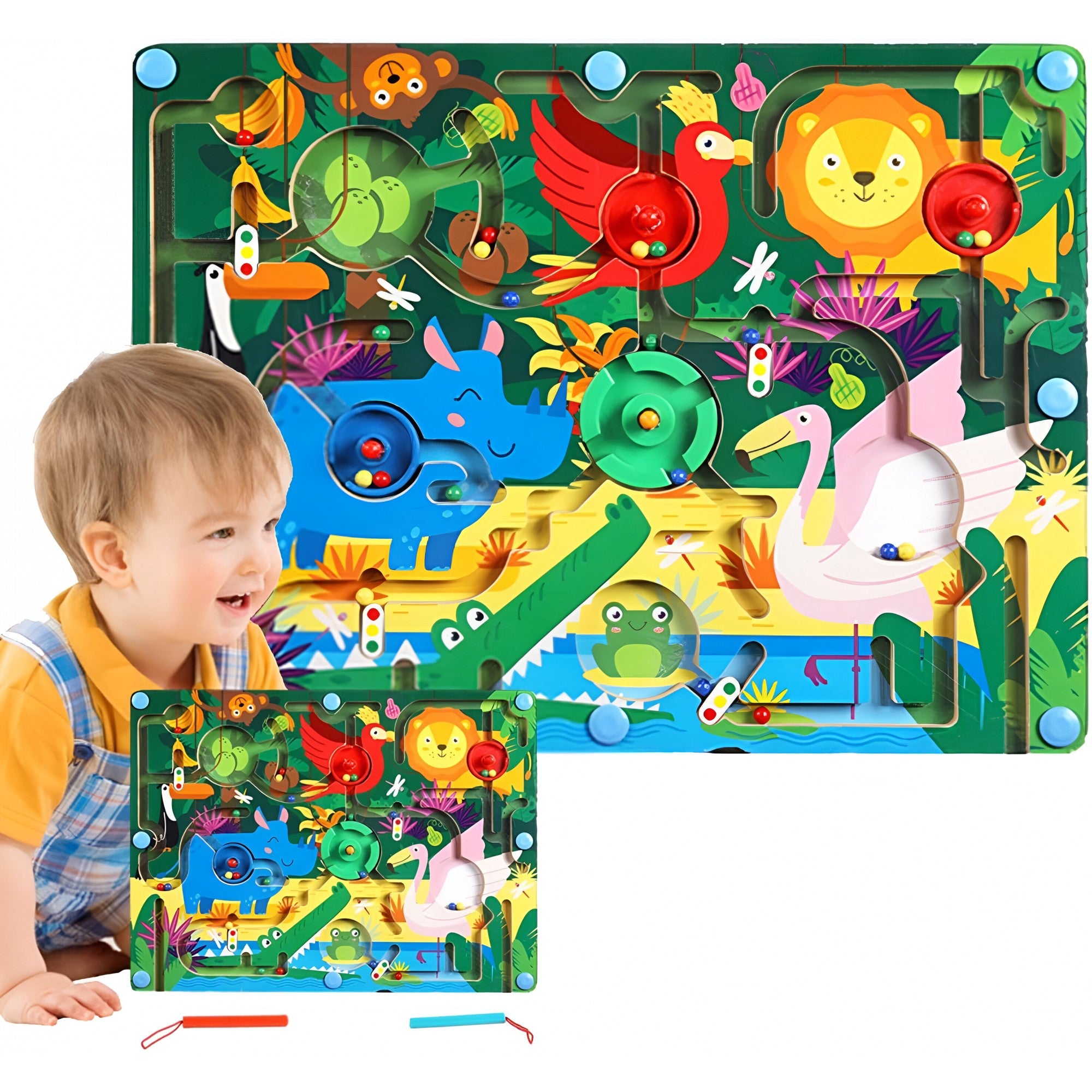 Joc Montessori de Sortare Culori, Flippy, Creion Magnetic, Tip Labirint Ilustrat, din Lemn, Model Animale Salbatice, 39x29x1.5 cm-14