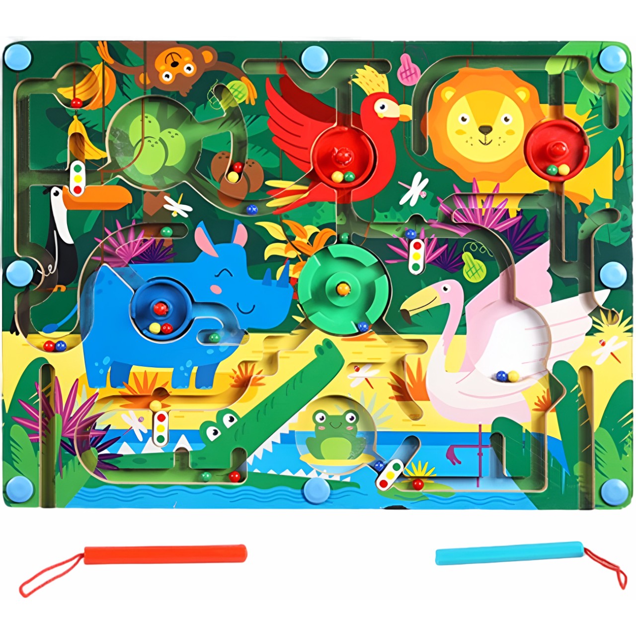 Joc Montessori de Sortare Culori, Flippy, Creion Magnetic, Tip Labirint Ilustrat, din Lemn, Model Animale Salbatice, 39x29x1.5 cm-0
