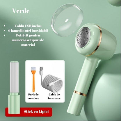 Aparat Pentru Curatat Scame, Par Si Praf, Flippy, Pentru Diferite Tipuri De Material, Cu Lame Din Otel Inoxidabil, Incarcare Prin USB Type-C, Cu Perie De Curatare, Cablu USB Si Stick Cu Lipici Incluse, Verde, 220 x 86 mm-5
