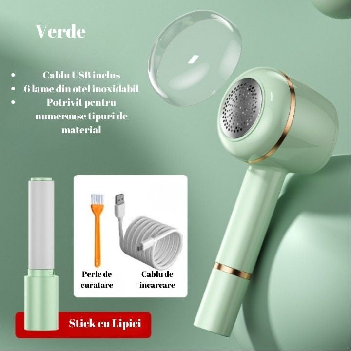 Aparat Pentru Curatat Scame, Par Si Praf, Flippy, Pentru Diferite Tipuri De Material, Cu Lame Din Otel Inoxidabil, Incarcare Prin USB Type-C, Cu Perie De Curatare, Cablu USB Si Stick Cu Lipici Incluse, Verde, 220 x 86 mm-5
