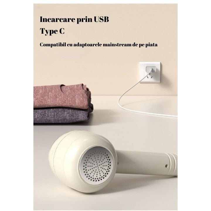 Aparat Pentru Curatat Scame, Par Si Praf, Flippy, Pentru Diferite Tipuri De Material, Cu Lame Din Otel Inoxidabil, Incarcare Prin USB Type-C, Cu Perie De Curatare, Cablu USB Si Stick Cu Lipici Incluse, Alb, 220 x 86 mm-1