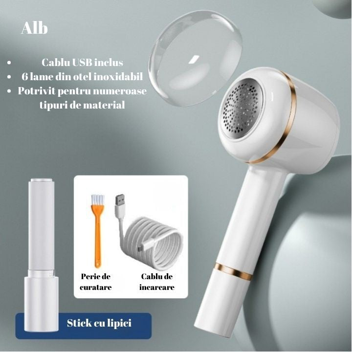 Aparat Pentru Curatat Scame, Par Si Praf, Flippy, Pentru Diferite Tipuri De Material, Cu Lame Din Otel Inoxidabil, Incarcare Prin USB Type-C, Cu Perie De Curatare, Cablu USB Si Stick Cu Lipici Incluse, Alb, 220 x 86 mm-4