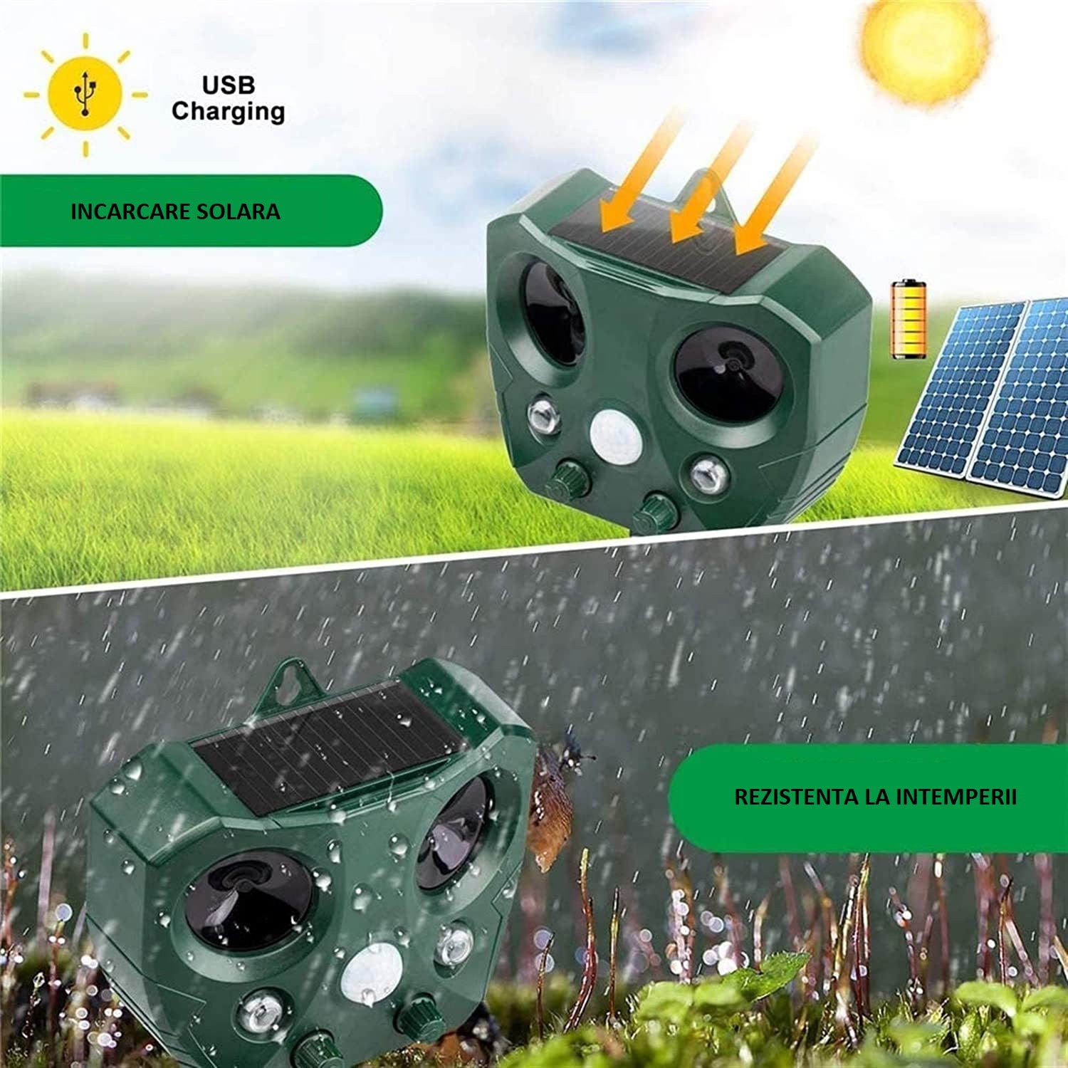 Aparat Solar LED cu Ultrasunete Animal Repellent, Flippy, Lumina Rosie si Alba, Anti rozatoare, Anti sobolani, Anti insecte, Verde