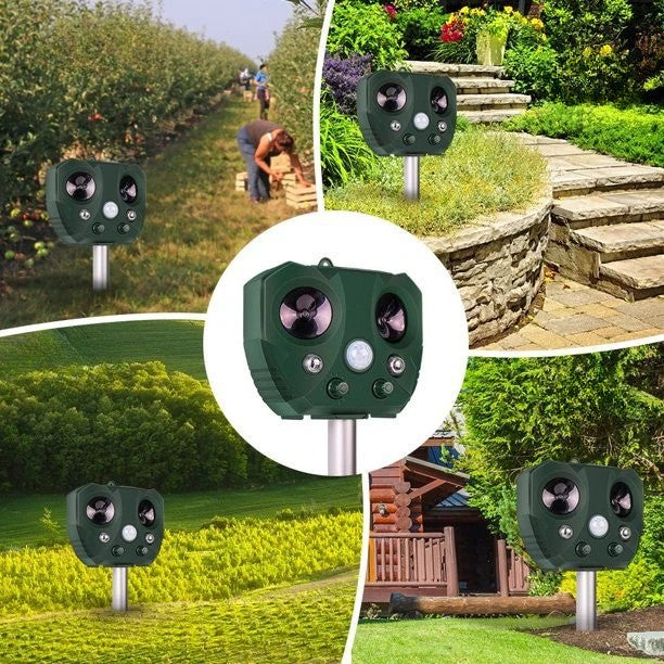 Aparat Solar LED cu Ultrasunete Animal Repellent, Flippy, Lumina Rosie si Alba, Anti rozatoare, Anti sobolani, Anti insecte, Verde