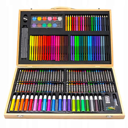 Set 180 piese pentru desen pentru copii sau adulti, creioane colorate, vopsele si markere, cu geanta de transport din LEMN MASIV, model AVX-WT-ART-10-3