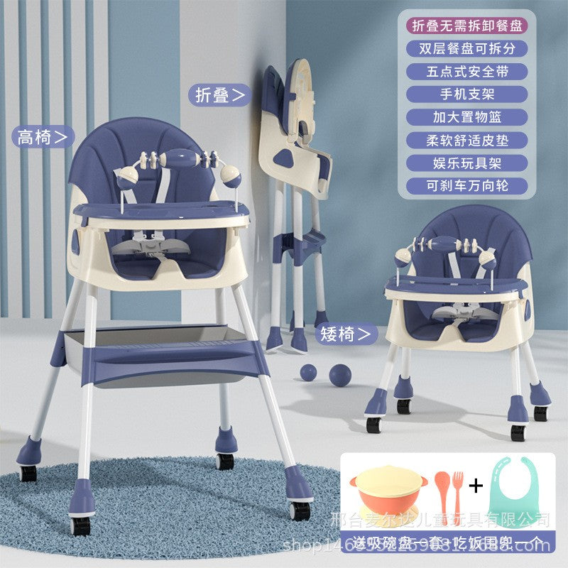 Baby dining table chair seat children's dining table-color: blue + toys + wheels-0