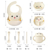 Set 7 piese diversificare bebelusi si copii din silicon Flippy, baveta, farfurie compartimentata cu ventuza, bol cu ventuza, tacamuri, cana, fara alergeni, Model Ursulet, Bej-0