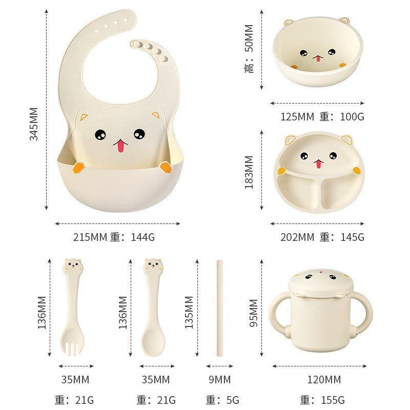Set 7 piese diversificare bebelusi si copii din silicon Flippy, baveta, farfurie compartimentata cu ventuza, bol cu ventuza, tacamuri, cana, fara alergeni, Model Ursulet, Bej-0
