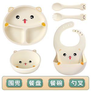 Set 5 piese diversificare bebelusi si copii din silicon Flippy, baveta, farfurie compartimentata cu ventuza, bol cu ventuza, tacamuri, fara alergeni, Model Ursulet, Bej-0