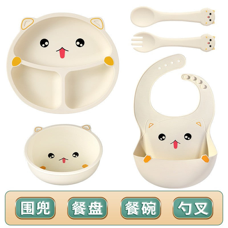Set 5 piese diversificare bebelusi si copii din silicon Flippy, baveta, farfurie compartimentata cu ventuza, bol cu ventuza, tacamuri, fara alergeni, Model Ursulet, Bej-0