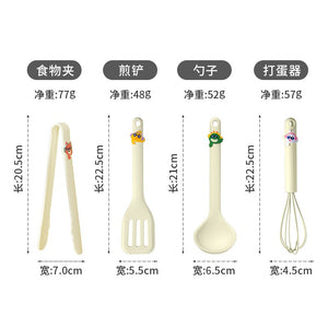 Set 4 Ustensile de Bucatarie pentru Copii, Flippy, din Silicon, Cleste, Tel, Paleta, Lingura pentru Supa, Termorezistente, Antiaderente, Design Animat, Bej-0