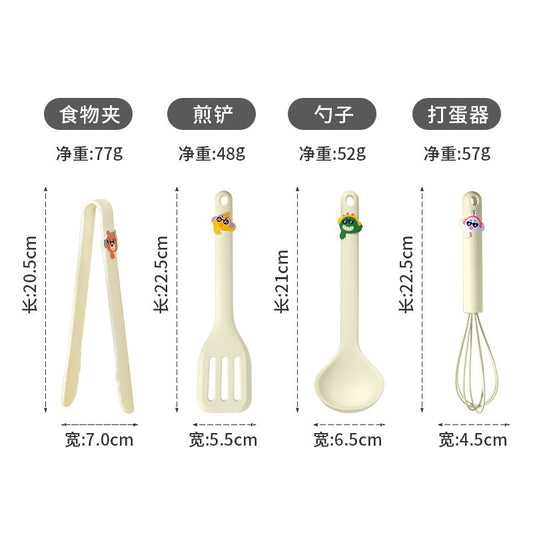 Set 4 Ustensile de Bucatarie pentru Copii, Flippy, din Silicon, Cleste, Tel, Paleta, Lingura pentru Supa, Termorezistente, Antiaderente, Design Animat, Bej-0