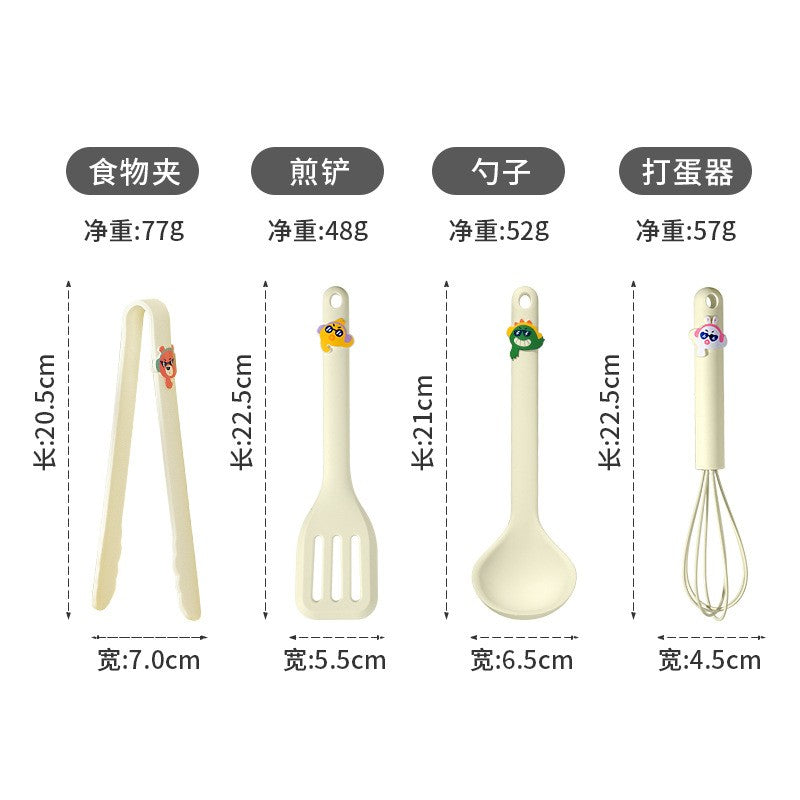 Set 4 Ustensile de Bucatarie pentru Copii, Flippy, din Silicon, Cleste, Tel, Paleta, Lingura pentru Supa, Termorezistente, Antiaderente, Design Animat, Bej-0
